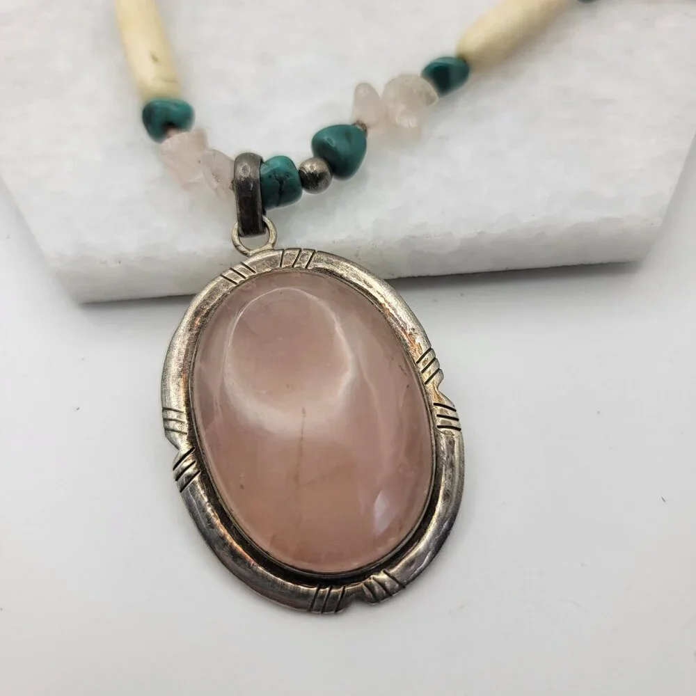 Navajo 925 Sterling Silver Rose Quartz Turquoise Bone Necklace - Picture 2 of 5